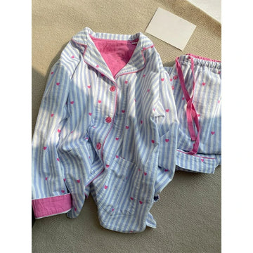 MQTIME  -  Ins Korean Version of Sweet Love Printing Striped Pajamas Women's Spring and Autumn New Long-sleeved Trousers Loungewear Set